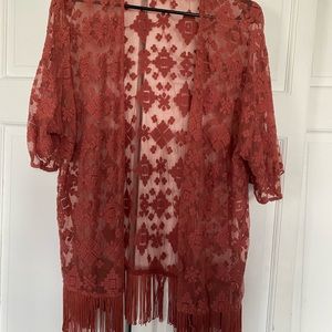 Mesh patterned cardigan/kimono with fringe